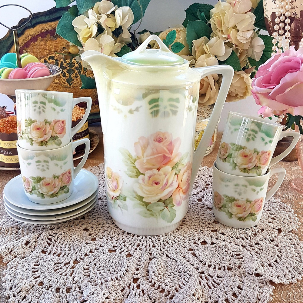 Antique 3 Crown China Chocolate Pot Set with 4 Tea Cups, Germany (1909-1916)